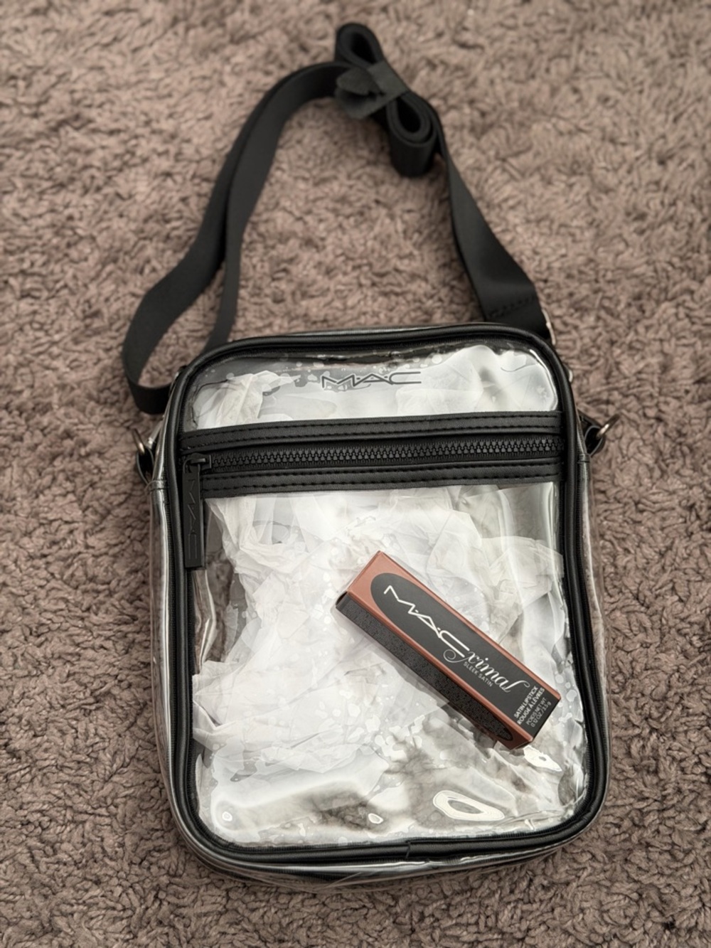 MAC Cosmetics Black Clear Crossbody Belt Bag w lipstick